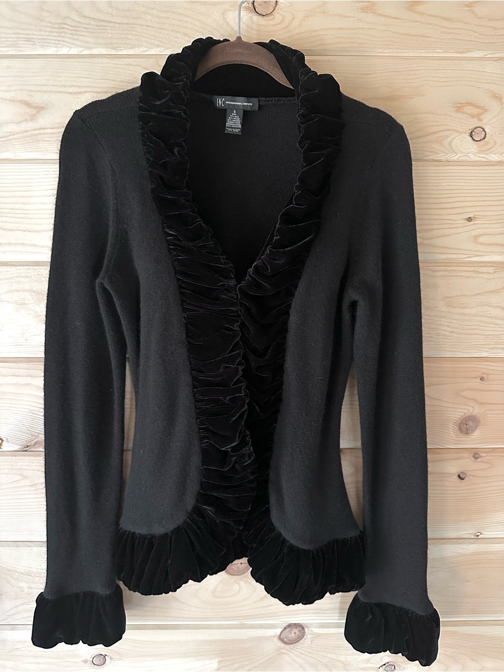 INC International Concepts Black Silk Angora Velvet Ruffle Trim Cardigan Small
